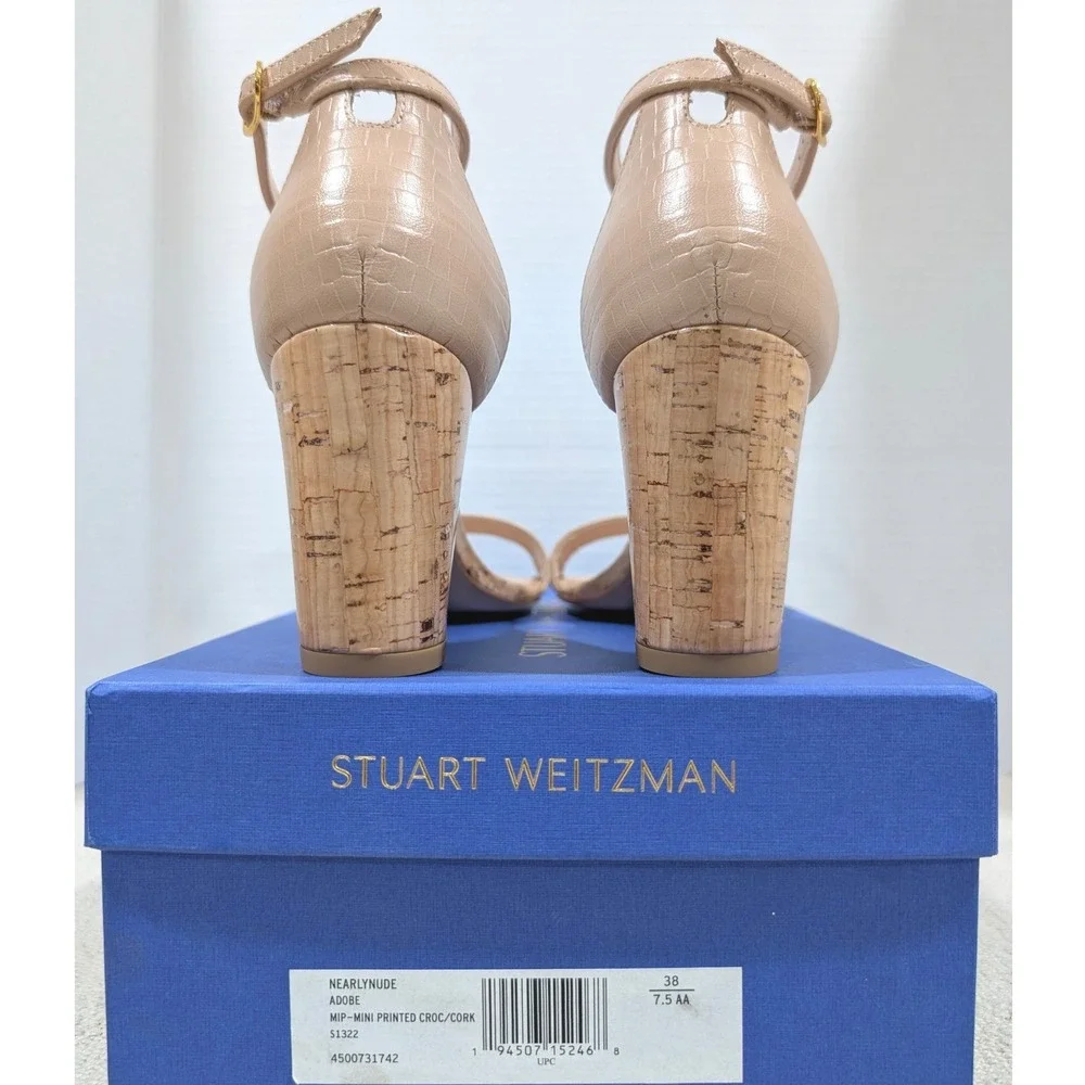 Stuart Weitzman Nearlynude Adobe Beige Croc Cork Block Heel Sandals 7.5 AA NIB